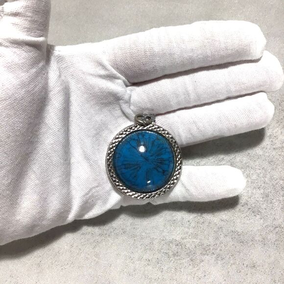 Vintage Faux Turquoise Indian Head Pendant Estate Silver Tone Statement NO Chain - Picture 3 of 4